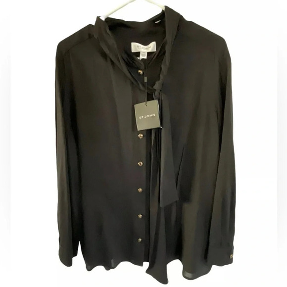 ST JOHN Black Button Up Blouse Sheer Long Sleeve Size XL Business Preppy New - Picture 3 of 8